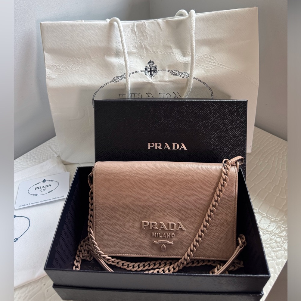 AUTHENTIC Prada Nude Saffiano Lux T Crossbody Bag with nude chain